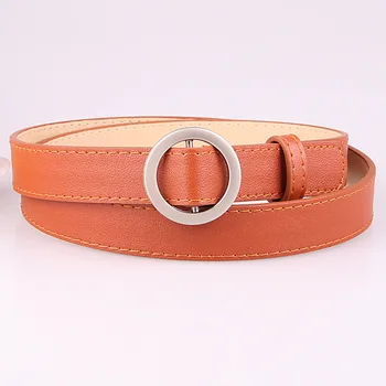 

New Women PU Leather Belt Round Metal Buckle Casual Waist Belt Silver Buckle Retro Ladies Narrow Strap Fashion Dress Jeans Belt