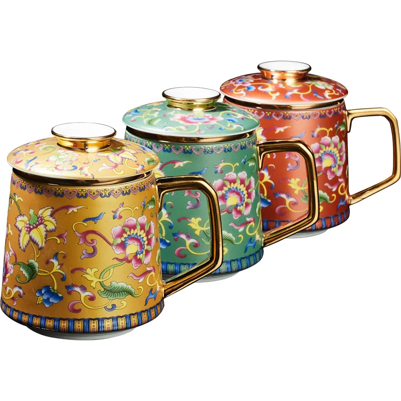 

Ceramic Enamel Mug Tea Water Separation Household Strainer Tea Brewing Cup Large Embossed Office Water Cup