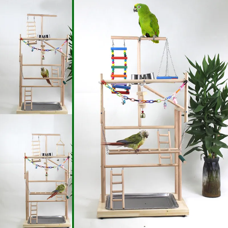 Wood Parrot Playground Lovebirds Playgym With Feeder Bird Playstand