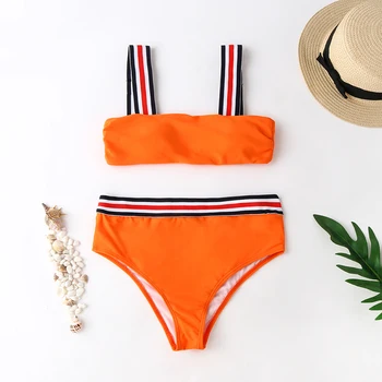 

Yellow Swimsuit Striped Trim High Waisted Bathing Suits Bikini Push Up Womens Swim Wear Bathing Suit Women Sports Wear Golf