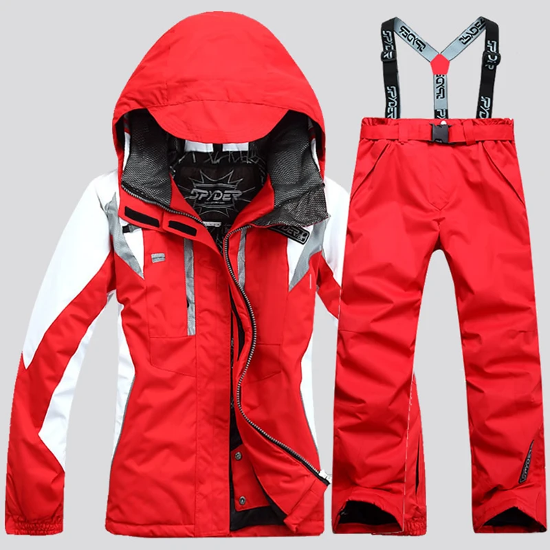Women's Winter Jackets Pant Suits Windproof Rainproof  Warm Skis Snowboard Set Fashionable Female Skiing Wears Hooded Suspenders