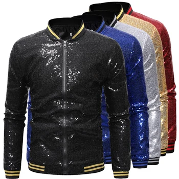 

Men's Jacket Baseball Jacket With a Collared Collar Stage Style Sequined Coat