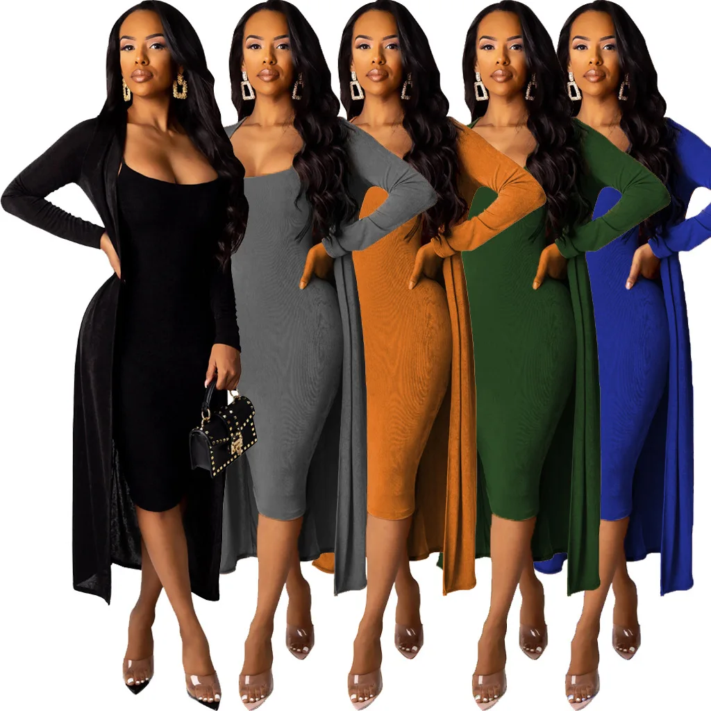 

New Women Dress Set Sleeveless Strap Dress+Long Sleeve Long Cape Night Club Tracksuits Two Piece Suit Street Sexy Bandage Dress