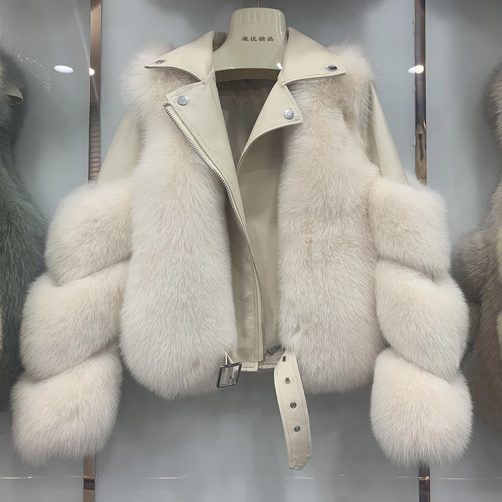 Новое поступление, женские модные меховые пальто, настоящий Полный Пелт, Лисий мех, верхняя одежда из натуральной овчины, кожаные куртки S7650
