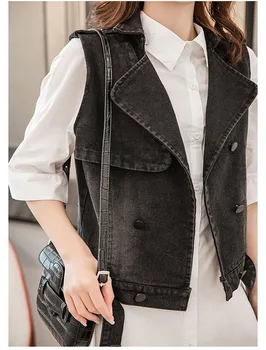 

Black Denim Vest Waistcoat Women Slim Sleeveless Suit Collar Double-breasted Short Outfit Korean Loose Jeans Jacket Women f2638
