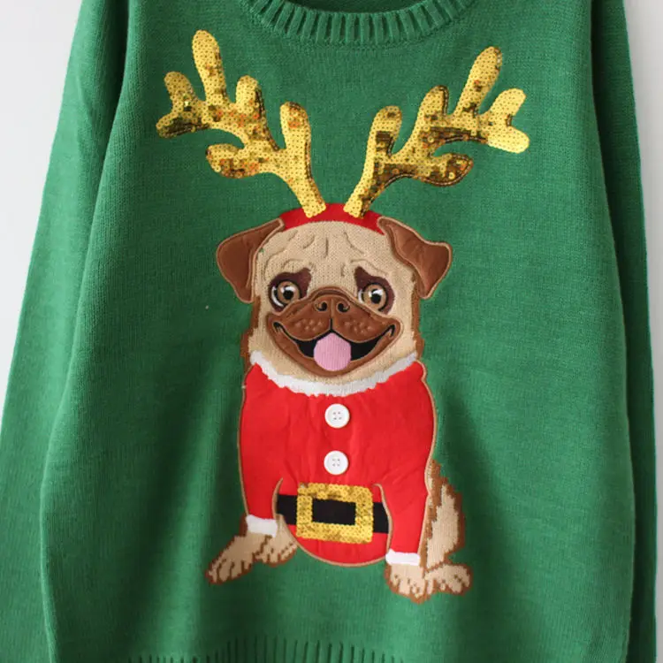 Ugly Sweater Christmas Sweater Women Dog Embroidery Sequins Long Sleeve Pullover Knitted Jumper Tops - Pullovers - AliExpress