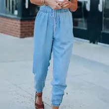 Hot Sale Comfortable Ladies Loose Jeans Casual Drawstring Lacework Elastic Waist Pants for Outdoor 2021