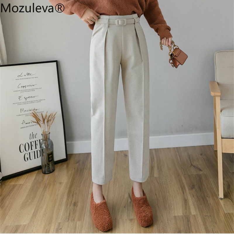 

Mozuleva 2019 Elegant Warm Harem Pants for Women High Waist Sashes Belted Female Wool Pants Office Ladies Trouser Winter Capris