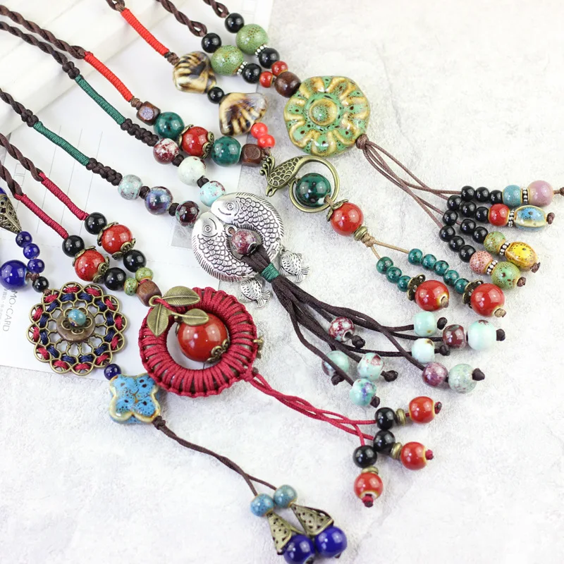 

Versatile Sweater Chain Long Autumn And Winter Clothes Accessories Women's Ceramic Retro Simple Glorious Ethnic-Style Necklace S