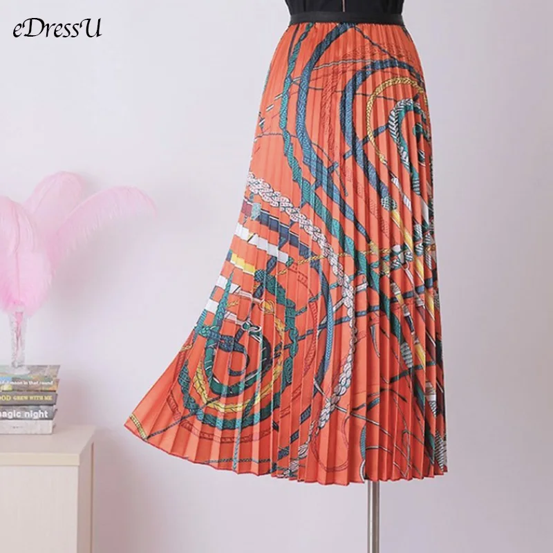 eDressU Vintage Pleated Skirt Floral Print Midi Long Skirt A-Line Stretchy High Waist Bottom Skirt LS-9853