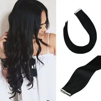 

VeSunny Tape in Hair Extensions Solid Machine Made Remy Straight 100% Real Human Hair 2.5gr/pcs Black Pure Color 20pcs