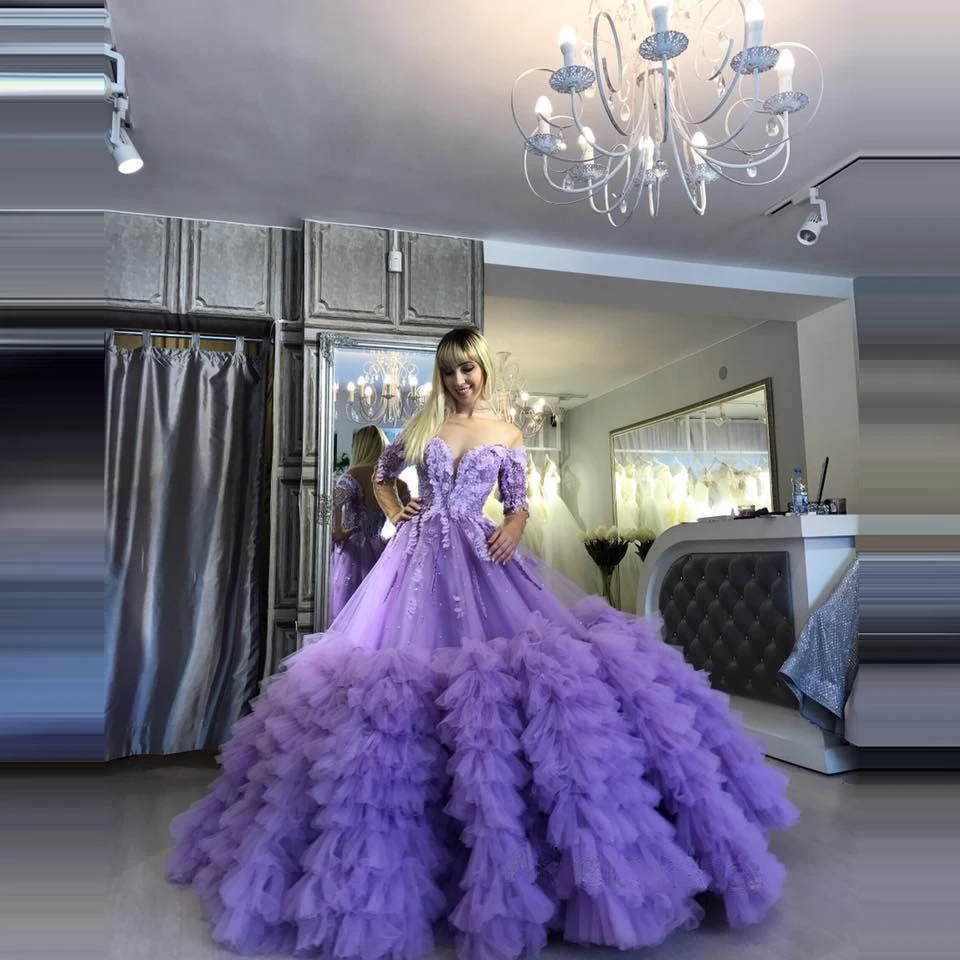 Vestidos de gala largos de noche светильник фиолетовые платья для выпускного бала многоуровневый наряд Tullue аппликации с открытыми плечами Длинные рукава платья