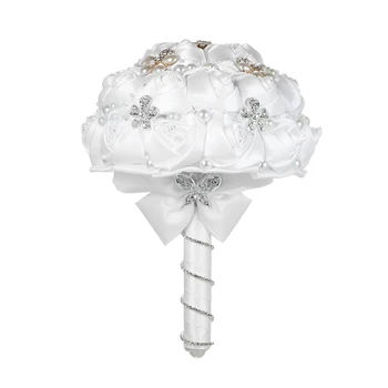 

18cm Handmade Flower Wedding Butterfly Brooch Bridal Bouquet Satin Rose Flower Artificial Pearls Rhinestone Decorated for Bride