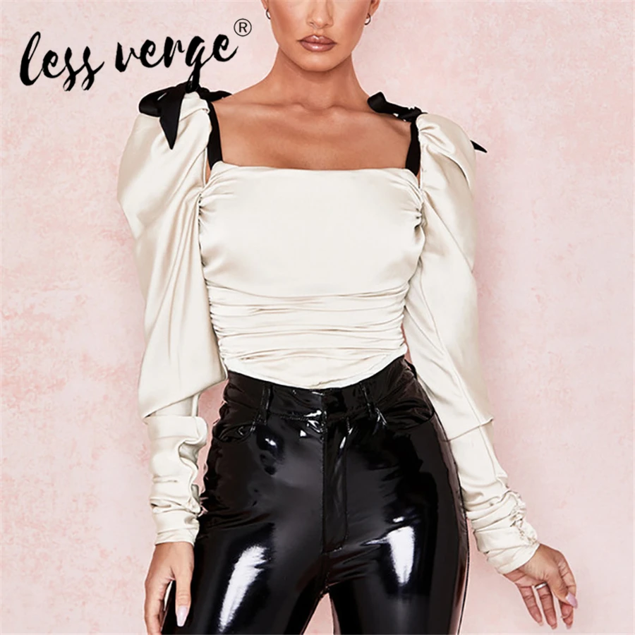 

Lessverge Women Bodysuit Sexy Satin Strap Square Collar Pleated Jumpsuit Puff Sleeve One-Piece Suit Solid Color Long Sleeve Suit