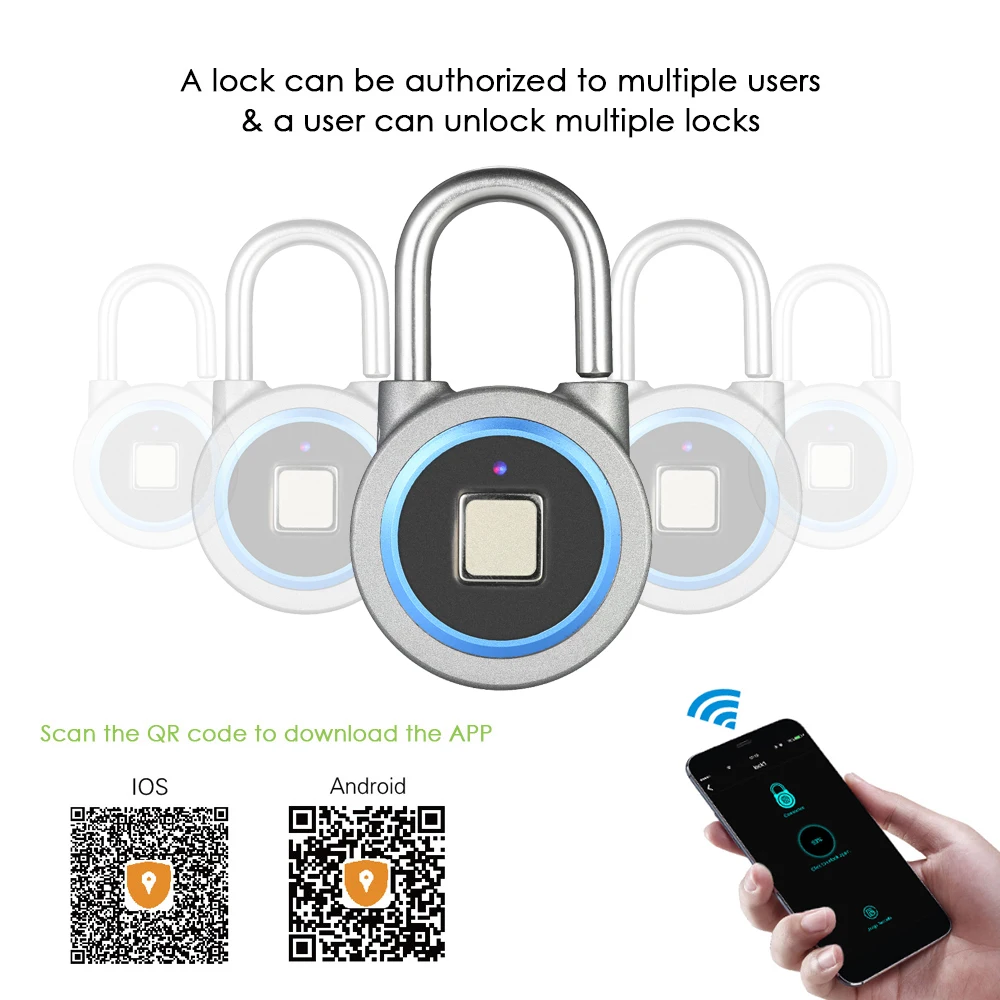 

Hot BT Smart Keyless Lock Waterproof APP Fingerprint Unlock Anti-Theft Padlock Door Luggage Case Lock for Android iOS System--Gr