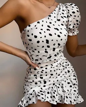 

One Shoulder Dot Ruffles Mini Dress