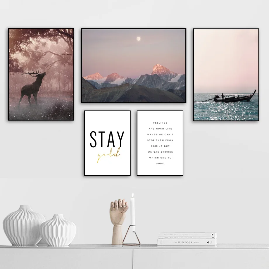 Deer Forest Mountain Boat Sea Landscape Wall Art Canvas Painting Nordic Poster E Stampe Wall Room Decoration Pictures