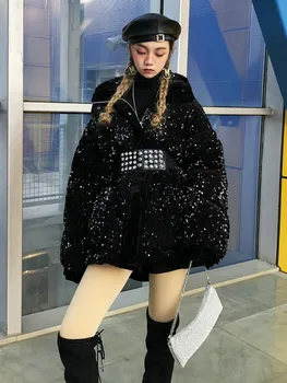 

Sequins Cotton Coat Women Winter 2020 New Fashion Black Hoodie Belt Parka Jacket Street Fashion Thick Warm Outwear