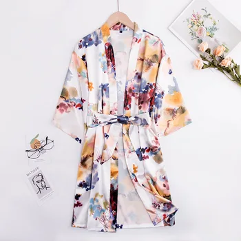 

Sweet Print Watercolor Lady Robe Summer Sexy V-Neck Intimate Lingerie Bathrobe Mini Rayon Sleepwear Nightgown Lounge Home Wear