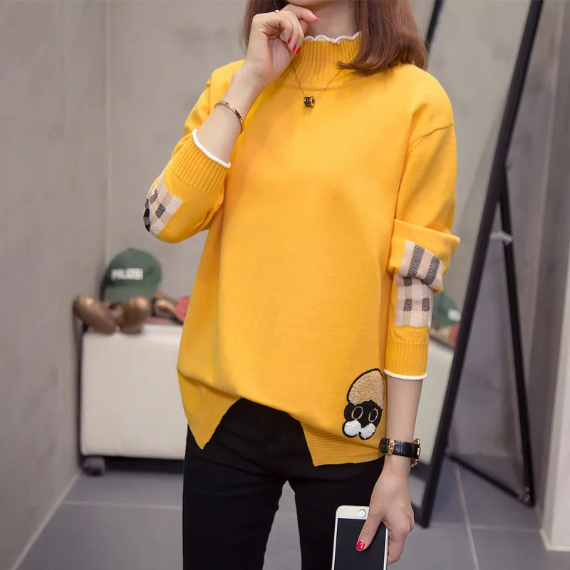 Spring and Autumn New Korean style Women's Turtleneck Sweaters Casual applique pattern Long Sleeve Loose knitting Pullovers Tops | Женская