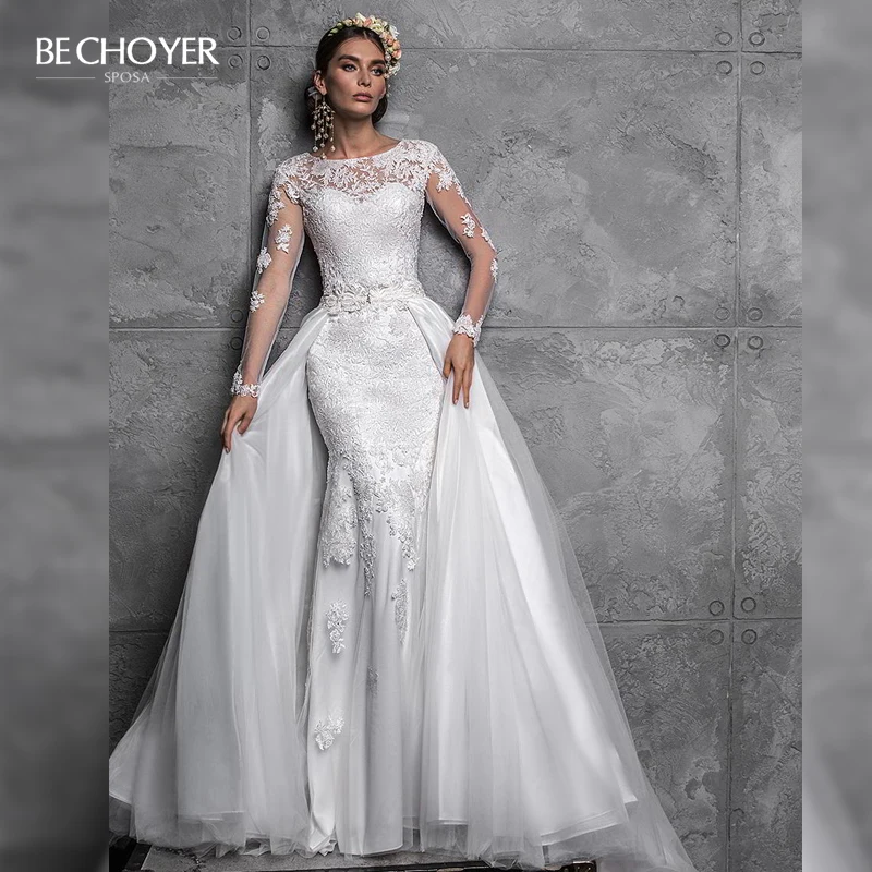 

Vestido de Noiva Long Sleeve Backless Mermaid Wedding Dress O-Neck Appliques 2 In 1 Detachable Train Bride Gown BECHOYER Z121