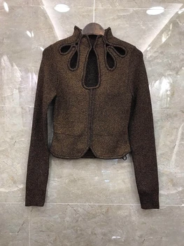 

2020 Early Autumn New Women's Irregular Gold Thread Cutout Collar Stitching Solid Color Long-Sleeve Knitwear 827