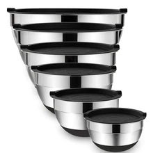 LMETJMA 6 Pcs Mixing Bowls with Lids and Non Slip Bases Stainless Steel Mixing Bowls Set for Baking Nesting Storage Bowls KC0418