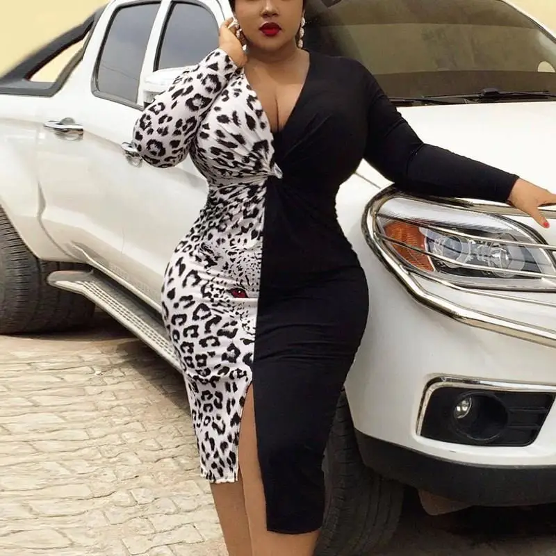 

Plus Size Women Deep V-Neck Leopard Patchwork Long Dress Bodycon High Split Party Dress Sexy Club Elegant Evening Midi Dress