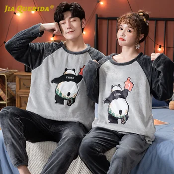 

Flannel Pijamas Long Sleeve Long Pants Sleepwear Fashion Warm Casual Style Panda Printing Crew Neck Patchwork Pajamas Set