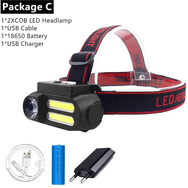 Package C Most Poweerful XPE+ 2* COB светодиодный налобный фонарь Portabl рабочий головной светильник водонепроницаемый головной светильник USB Перезаряжаемый Головной фонарь Лучший для кемпинга - Испускаемый цвет: Package C