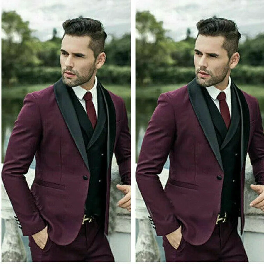 Темно фиолетовый пиджак и брюки черный жилет мужские костюмы с пиковым отворотом