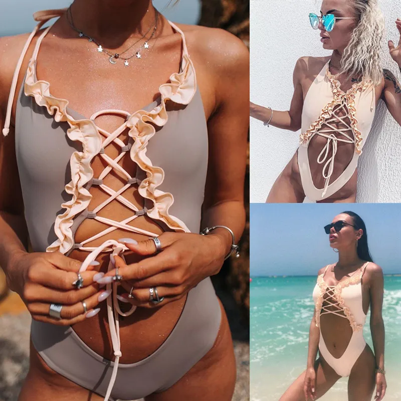  2020 One Piece Swimming Suit Solid Color Pulling Rope Hollow Out Sexy Bikini One Style One Piece Sw