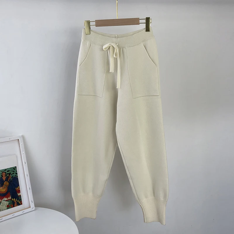 Aachoae 2020 Autumn Winter Knitted Pants Women Elastic Waist Drawstring Trousers Long Pencil Pants With Pockets Ladies Bottoms