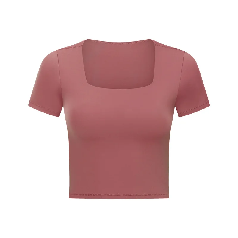 Alo Yoga 2021 Summer New Women's Short-sleeve Sexy U-shaped Neckline Crop Top Leisure Fitness Sports Running Elasticity Top