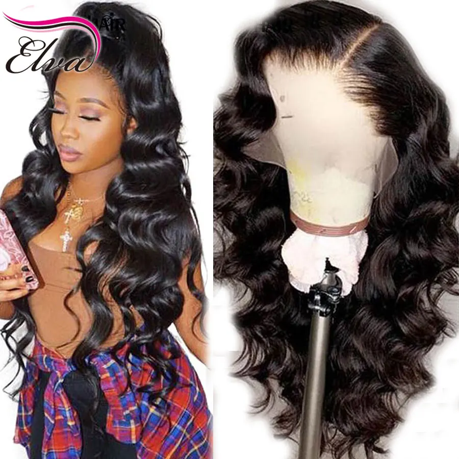 Tanie 360 koronkowe peruki z ludzkich włosów wstępnie oskubane 360 przednie peruki dla czarnych kobiet z dzieckiem włosy Elva Remy włosy ciało falista perka na siateczce