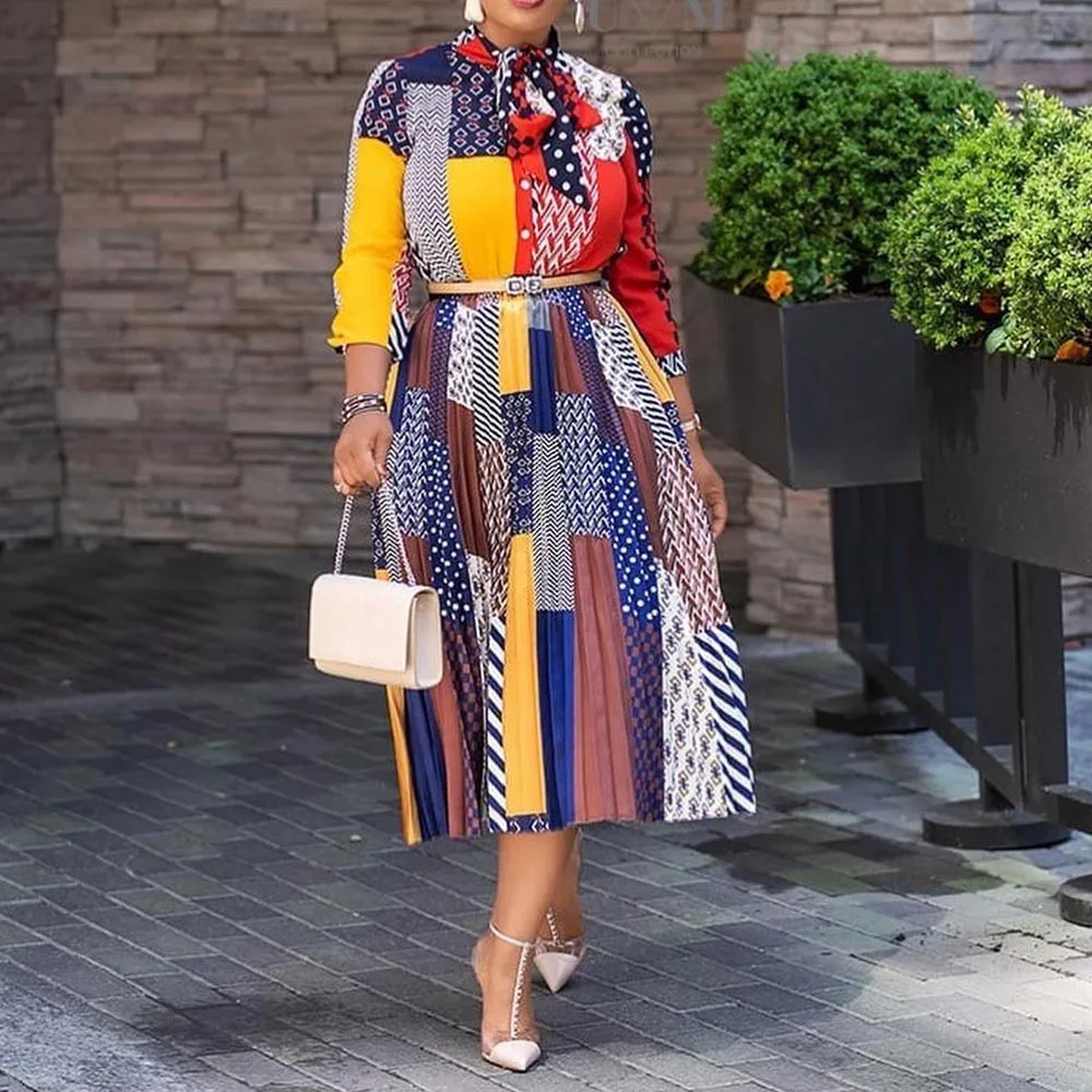 

Office Lady Print Mid-Calf Dress African A-Line Color Block Party Dress Pleated Dress Spring Women Prom Dresses