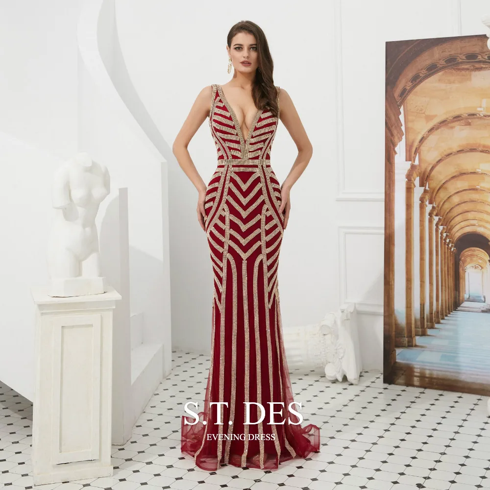 

2020 S.T.DES Sexy Full Sequined Beaded Stripe Deep V-Neck Mermaid Sweep Train Evening Dress For Woman
