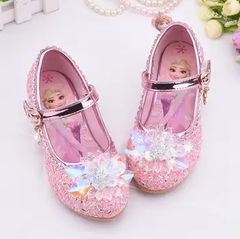 

Disney Frozen Elsa Princess Girls Leather Crystal Shoes Glitter Casual High Heels Girls Sandals Pink Blue Silver Elsa Shoes