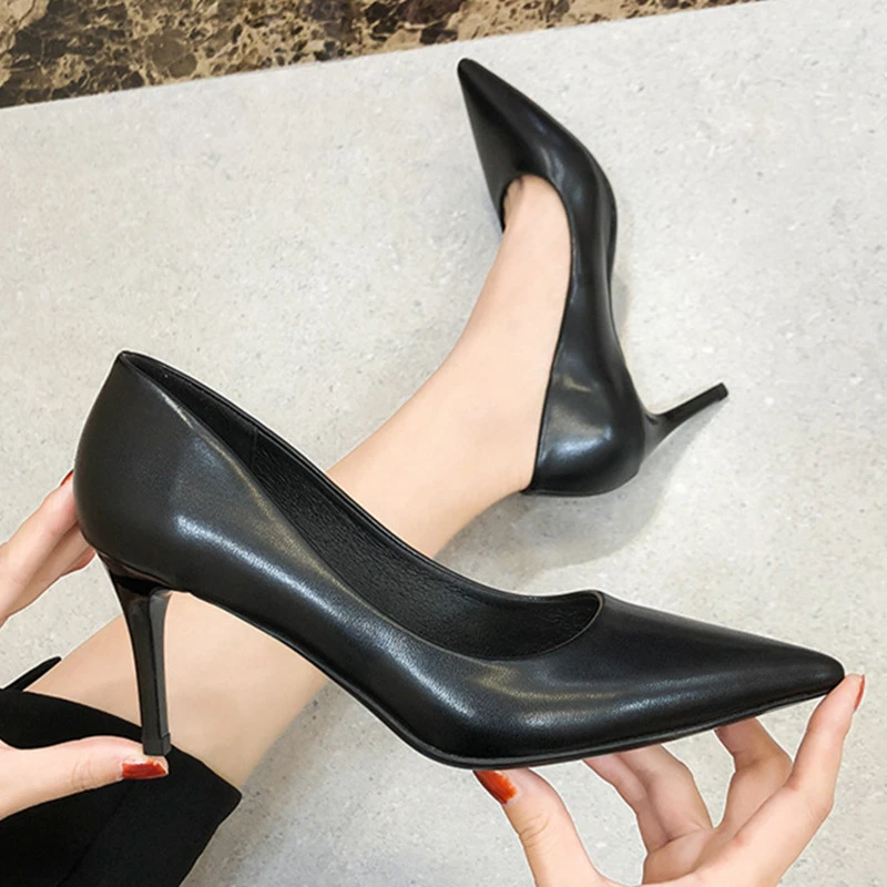 Cathalem Heels Short Ladies Fashion Colorblock Leather Pointed Toe Pumps  Thick High Heel Casual Shoes within Shoes for Women Black 8 - Walmart.com