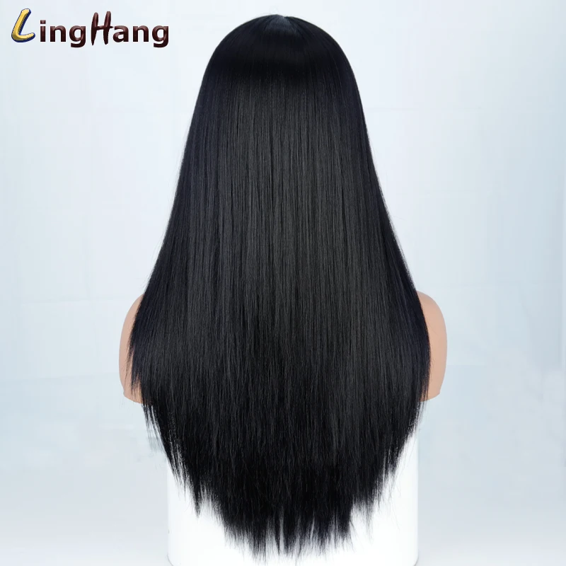 Linghang Black Long Straight Wig For Women Both sides Gold Hair Middle Part Heat Resistant Wavy Cosplay Wig For Girl