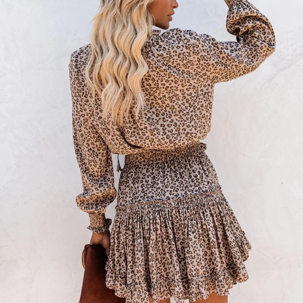 Sexy Leopard Print Ruffle Swim Suit Cover-ups Elegant Pleated Tassel Collect Waist Summer Dress Tunic Women Beach Cover Up A455