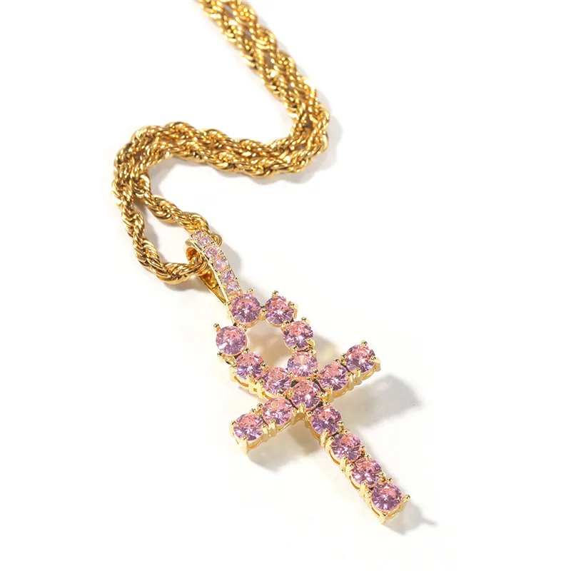 Iced out крест АНХ кулон розовый синий 2 цвета ААА подвеска с цирконием ожерелье мужские и женские хип хоп ювелирные изделия