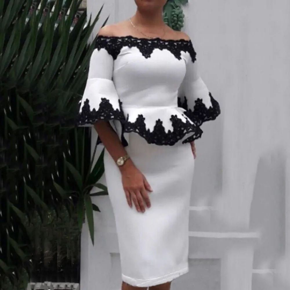

Plus Size Two Piece Sets Off Shoulder Lace Ruffles Female Tops And Mid Calf Skirt Office Elegant Party Retro Women Sets 3XL