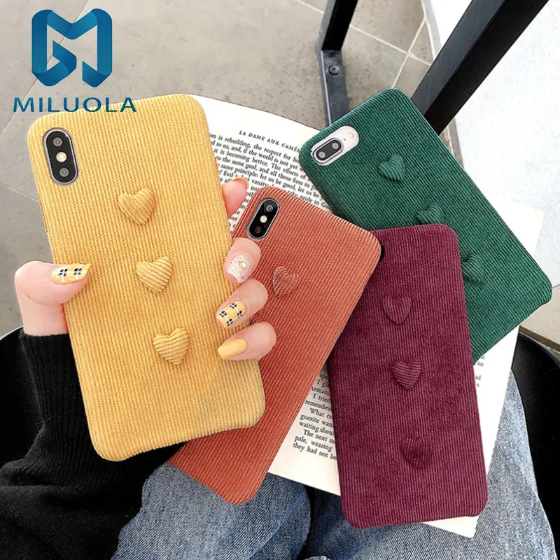 

Corduroy Cloth 3D Love Heart Phone Case For iPhone 11 Pro Max XS Max XR 6 6S 7 8 Plus X Plain Warm Fuzzy Soft Back Cover