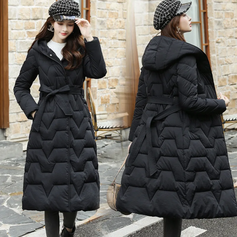 Новая Стильная хлопковая стеганая одежда, женское длинное приталенное зимнее пальто выше колена в Корейском стиле, хлопковое пальто слиммин