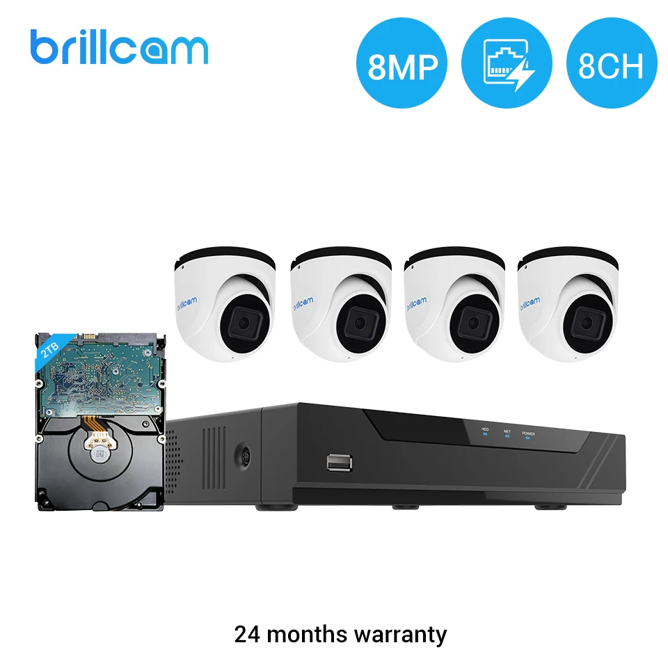 Brillcam 8CH 4K Video Surveillance Camera Set POE NVR Kit CCTV Security System Outdoor 8MP Motion Detection Poe IP | Безопасность и