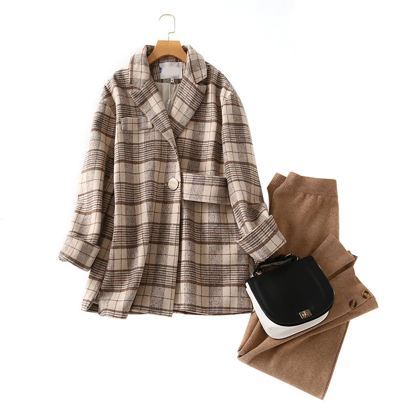 

One's Winter Woolen Overcoat Women's 2019 Popular Mid-length Retro Coffee Color Plaid Woolen Coat Entity