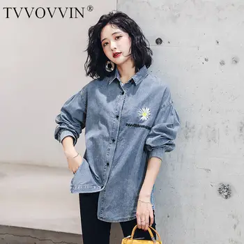 

TVVOVVIN 2020 SPRING New Blouse Denim Embroidery Patchwork Turn-down Collar Long-sleeve Print Casual Loose Streetwear A332