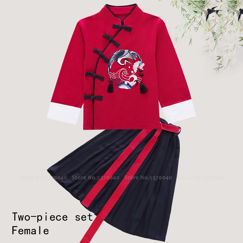 Girl Red Китайский традиционный детский комплект одежды с вышивкой Журавля, Детский костюм в стиле династии Тан, нарядное платье для девочек, топы кунг-фу для мальчиков, юбки, штаны - Цвет: Girl Red