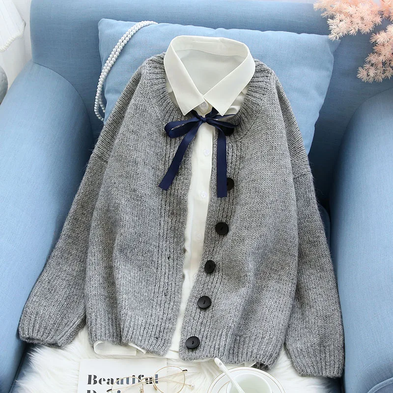 cardigan knitted women sweater winter new solid button loose female lady outwear coat tops